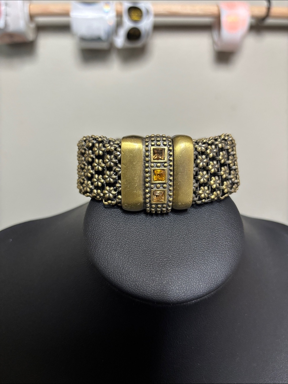 Antique Gold Floral Mesh Cuff Bracelet with Amber Stones